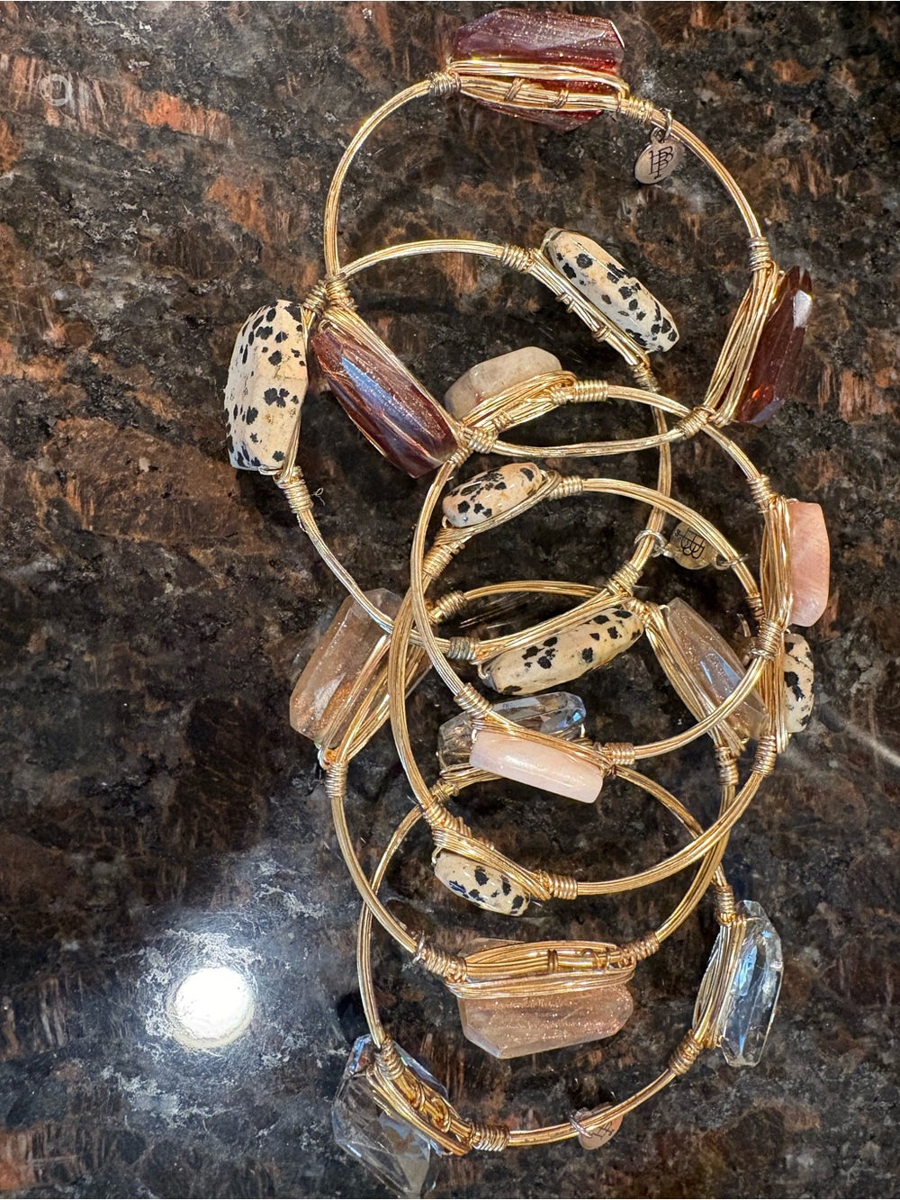 Gold Multi-Stone Stackable Bangle Bracelet - Mixed Neutral and Red - Picture 2 of 2